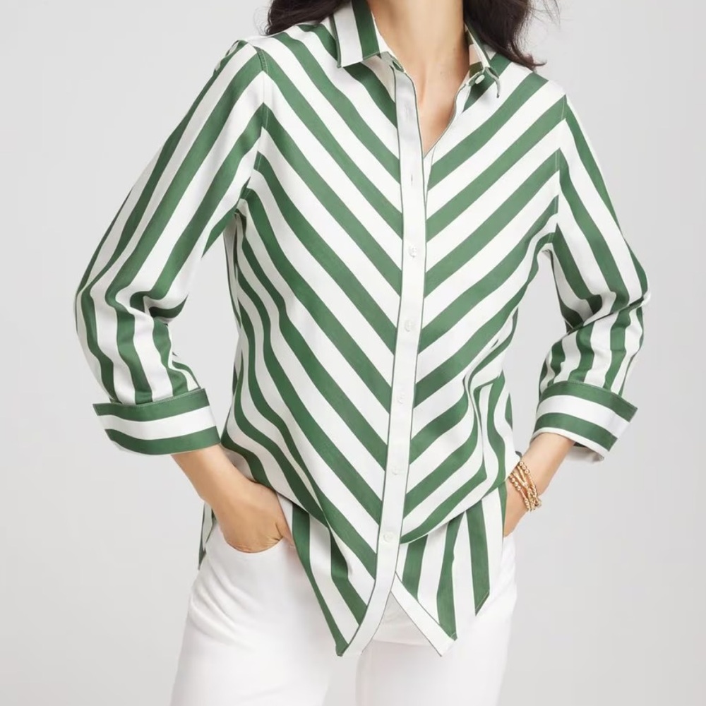 Chicos No Iron Cotton Slimming Button Up Striped Shirt XL Green White